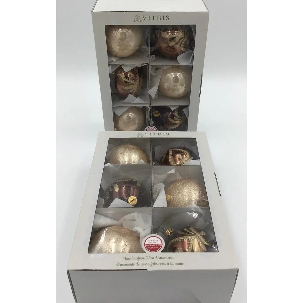 Vitbis Handcrafted Glass Christmas Ornaments Set of 12 Poland Gold Brow